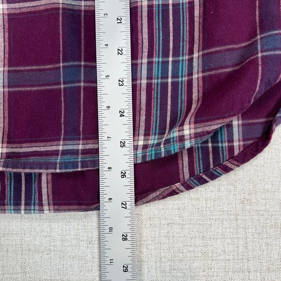 Kuhl Womens Flannel Shirt Long Sleeve 1/2 Snap Button Purple Teal Plaid Large - Picture 10 of 11